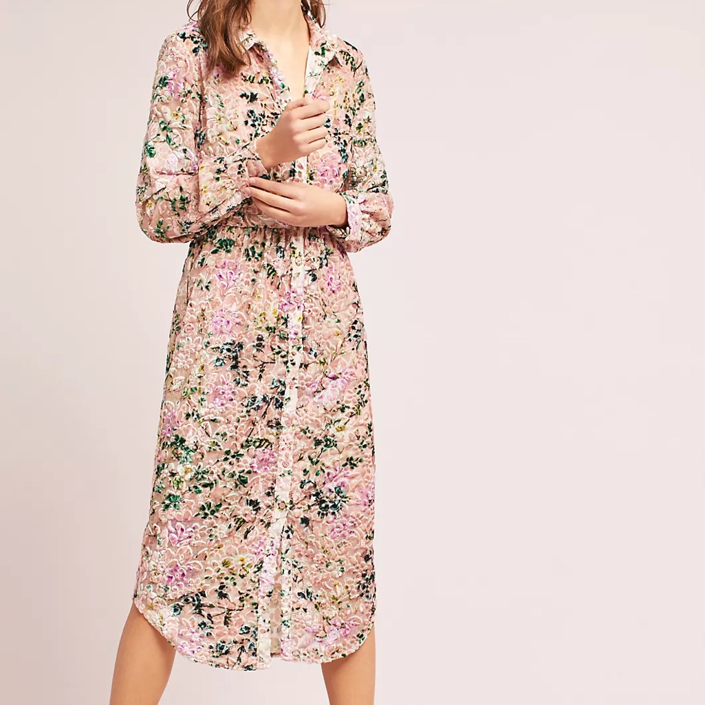 Hemant & Nandita Pink Floral Long Sleeve Midi Shirt Dress